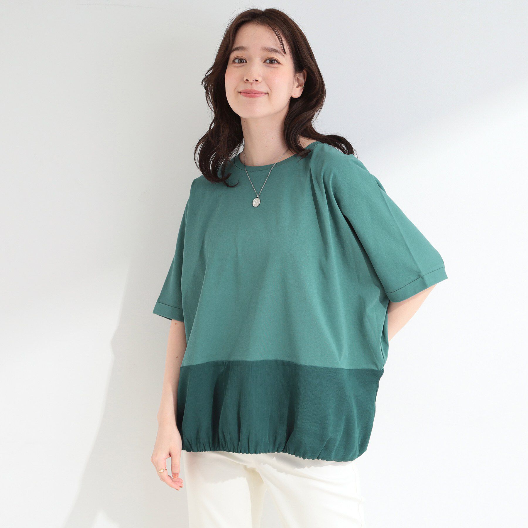 SHOO･LA･RUE「【洗濯機可/体型カバー】異素材切り替え 裾バルーントップス」|Tシャツ・カットソー|