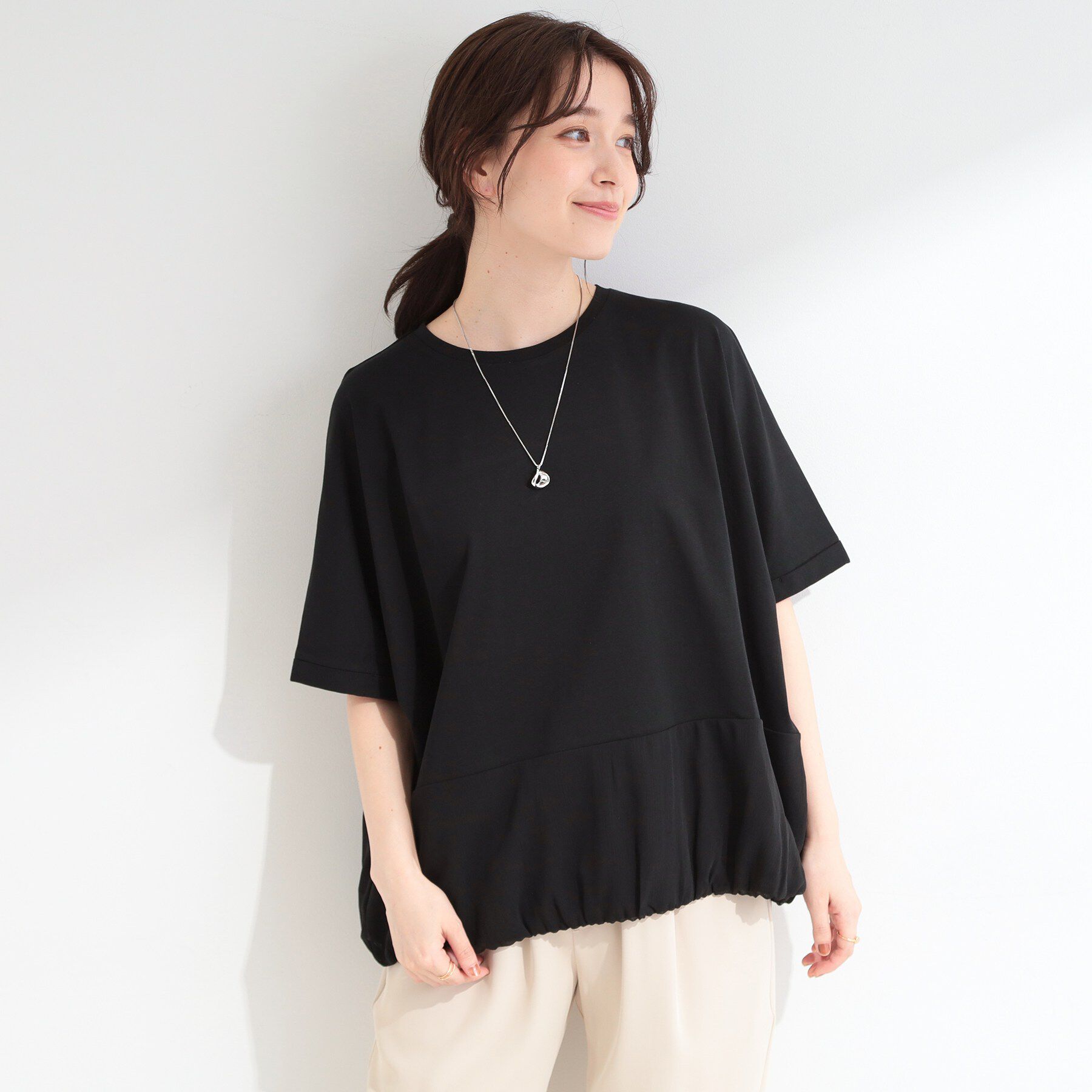 SHOO･LA･RUE「【洗濯機可/体型カバー】異素材切り替え 裾バルーントップス」|Tシャツ・カットソー|