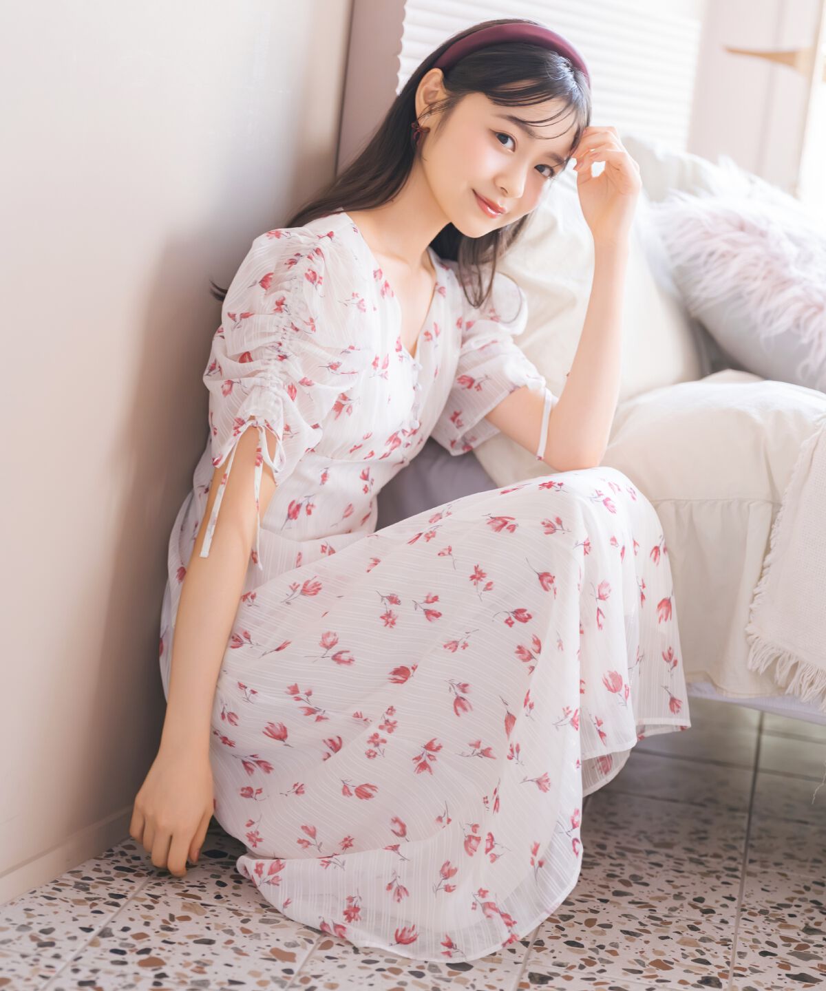 WILLSELECTION「フルールプリントギャザースリーブワンピース」|ワンピース|赤系花柄