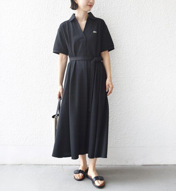 SHIPS for women「LACOSTE:〈洗濯機可能〉スキッパー ポロ マキシ ワンピース」|ワンピース|ブラック