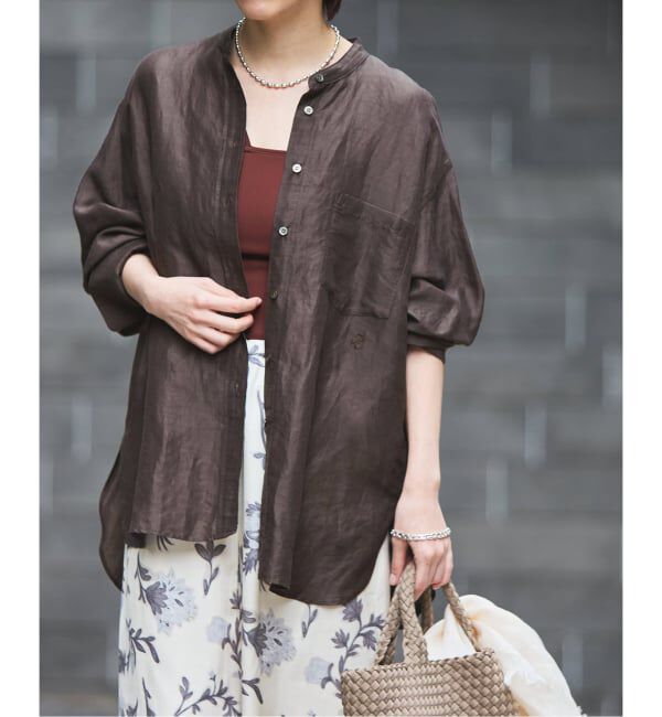 IENA「《一部カラーWEB限定》ラミーリヨセルバンドカラーシャツ」|シャツ・ブラウス|ブラウン