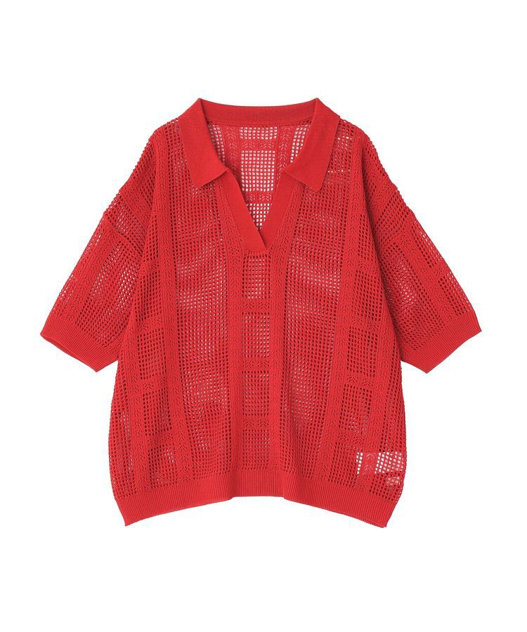 earth music&ecology「レーシースキッパーポロニットプルオーバー」|ニット・セーター|Red