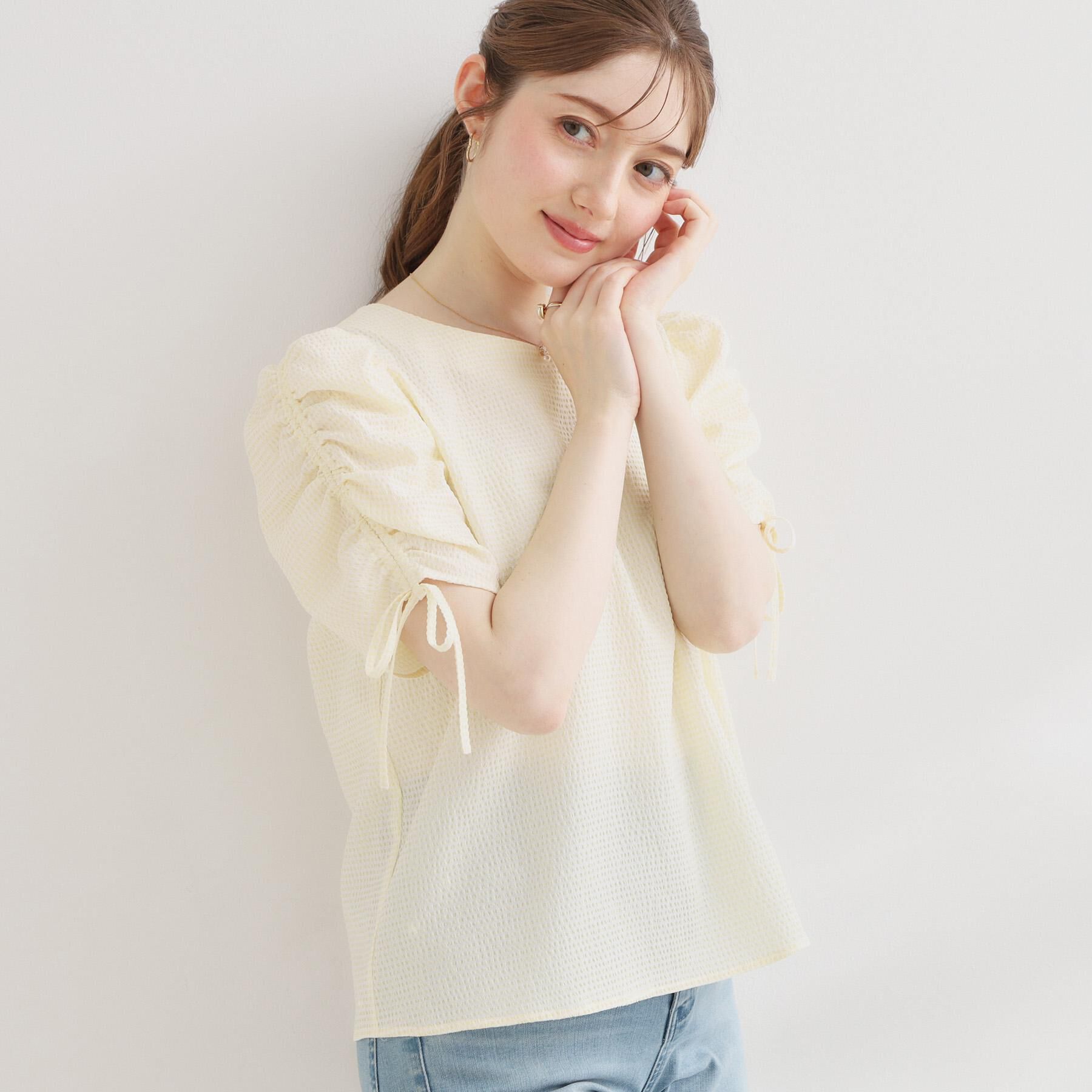 Couture broach「【洗える】シャーリング チェックブラウス」|シャツ・ブラウス|ライトイエロー(23