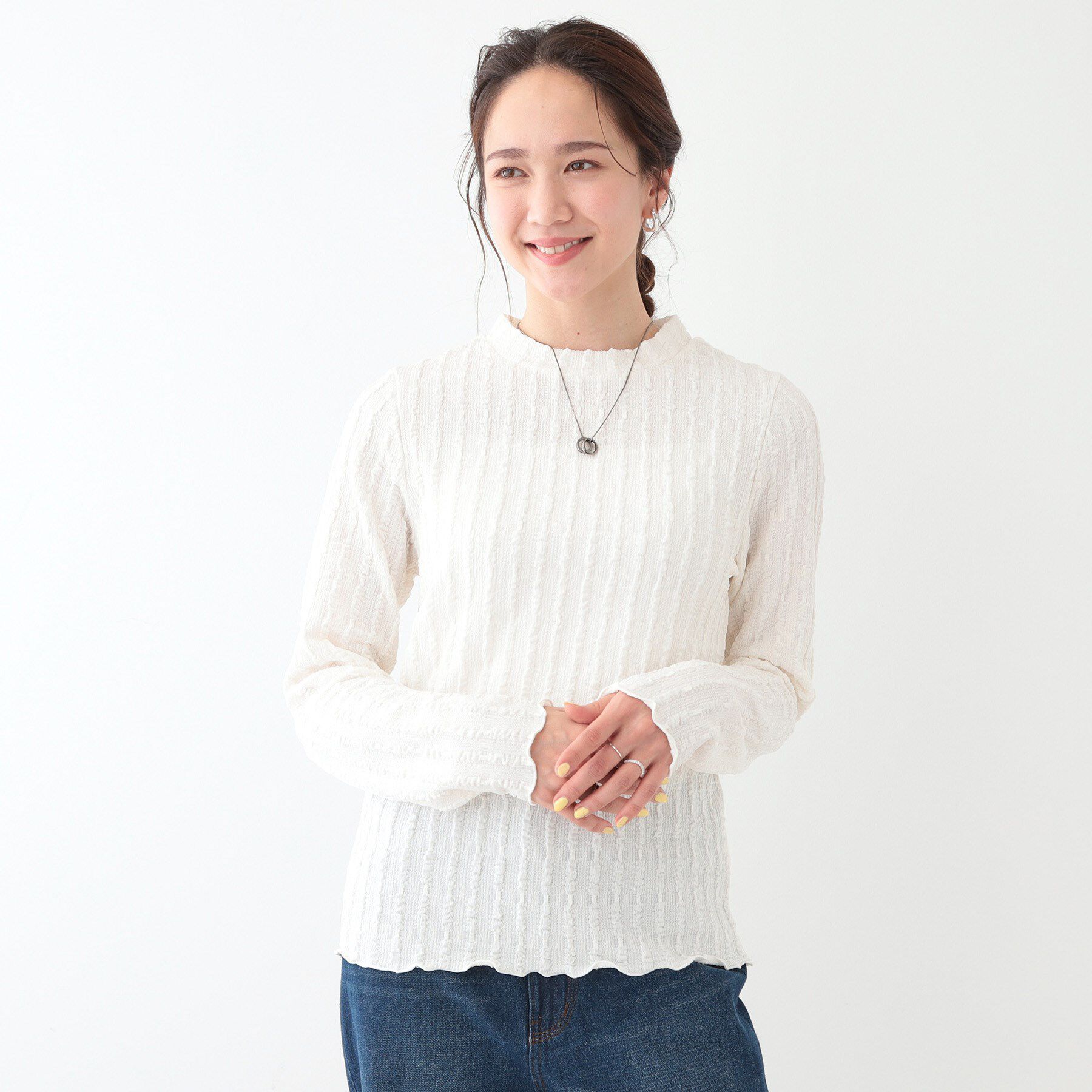 SHOO･LA･RUE「【S-LL】一枚でもインナーでも ふくれジャカード プチハイネックトップス」|Tシャツ・カットソー|