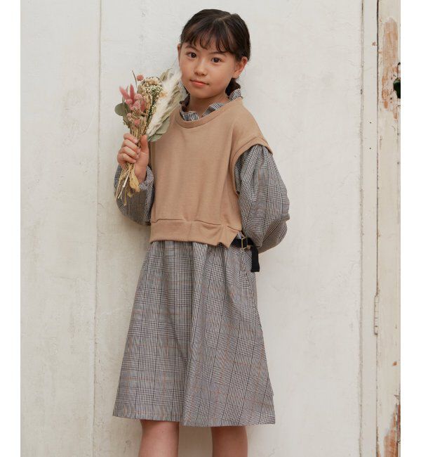 ikka kids「フリルネックレイヤードッキングワンピース（120~160cm）」|スカート|ベージュ
