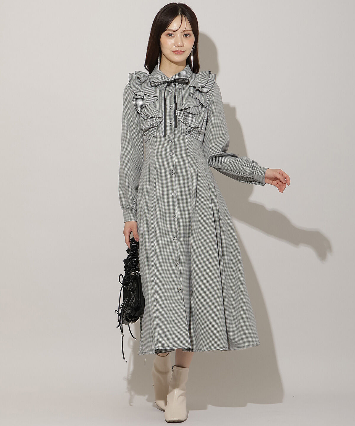 WILLSELECTION「ナローリボンフリルシャツワンピース」|ワンピース|黒系チェック