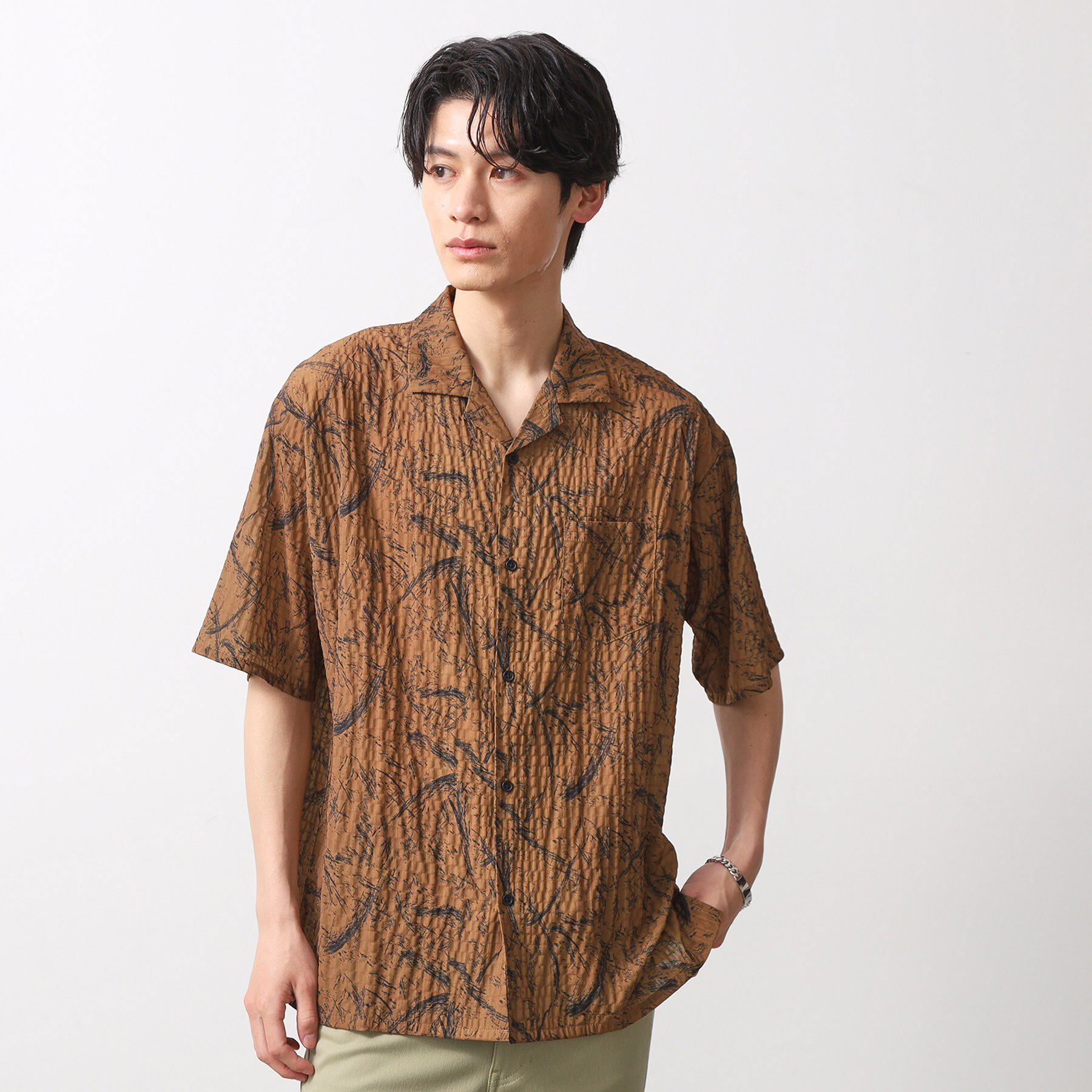 THE SHOP TK「総柄サッカー半袖シャツ マ洗濯機OK」|シャツ・ブラウス|キャメルブラウン(0