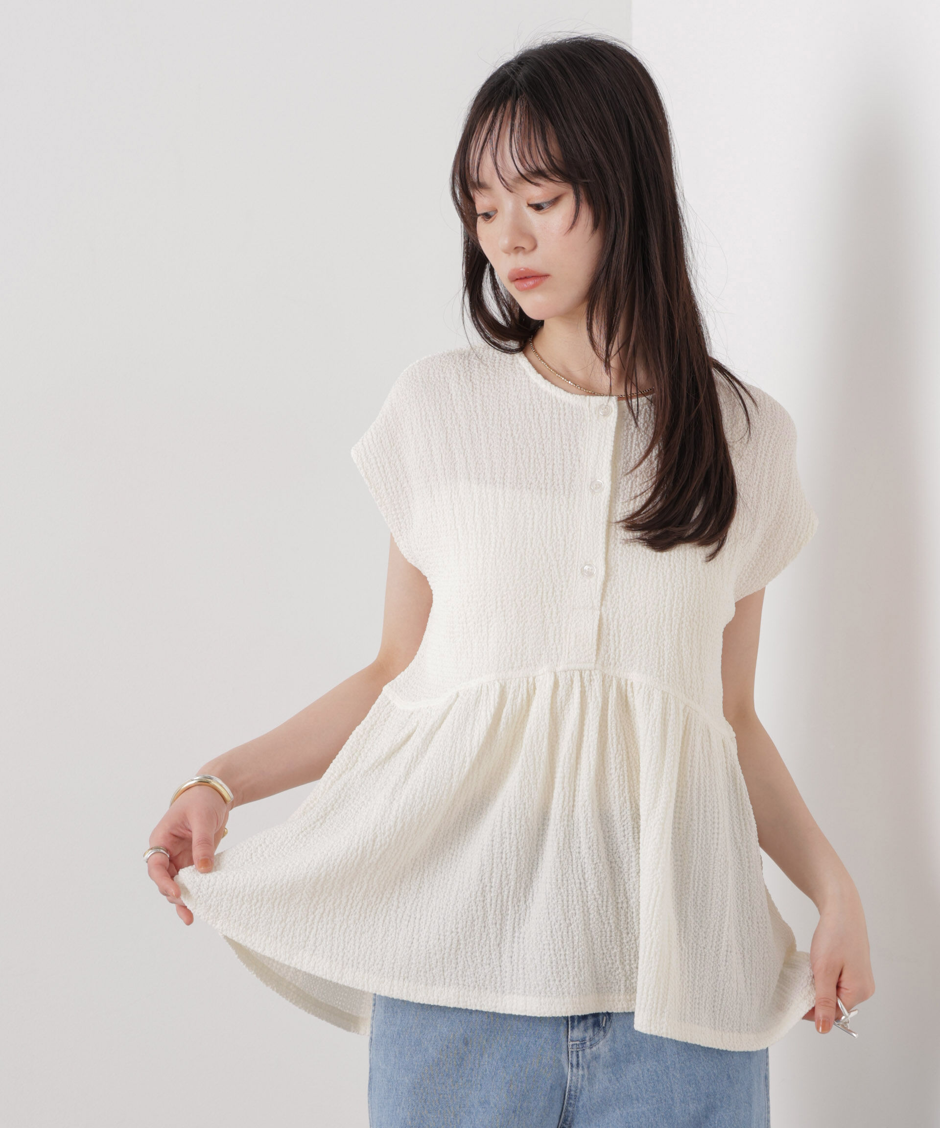 nano･universe「フクレジャガードカットギャザーブラウス」|Tシャツ・カットソー|