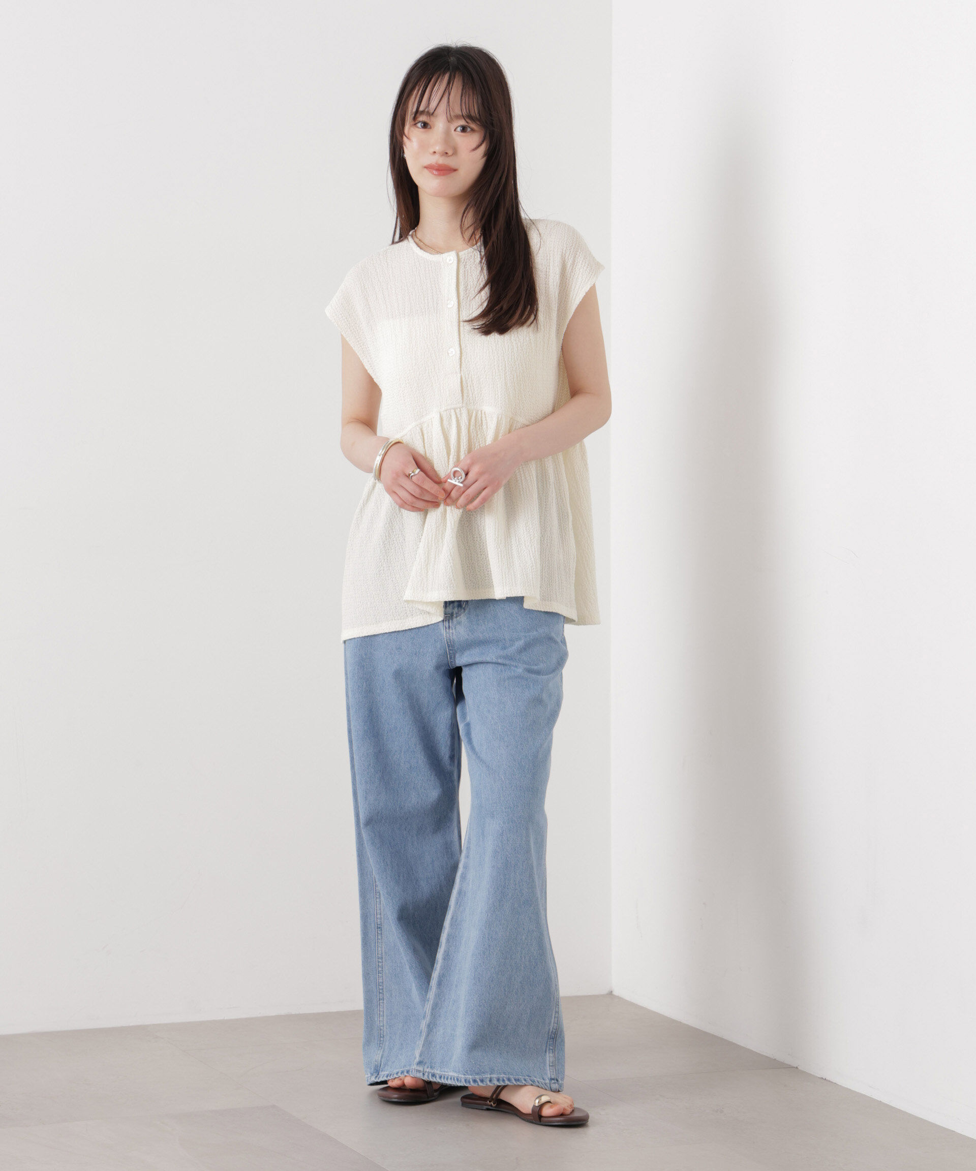 nano･universe「フクレジャガードカットギャザーブラウス」|Tシャツ・カットソー|