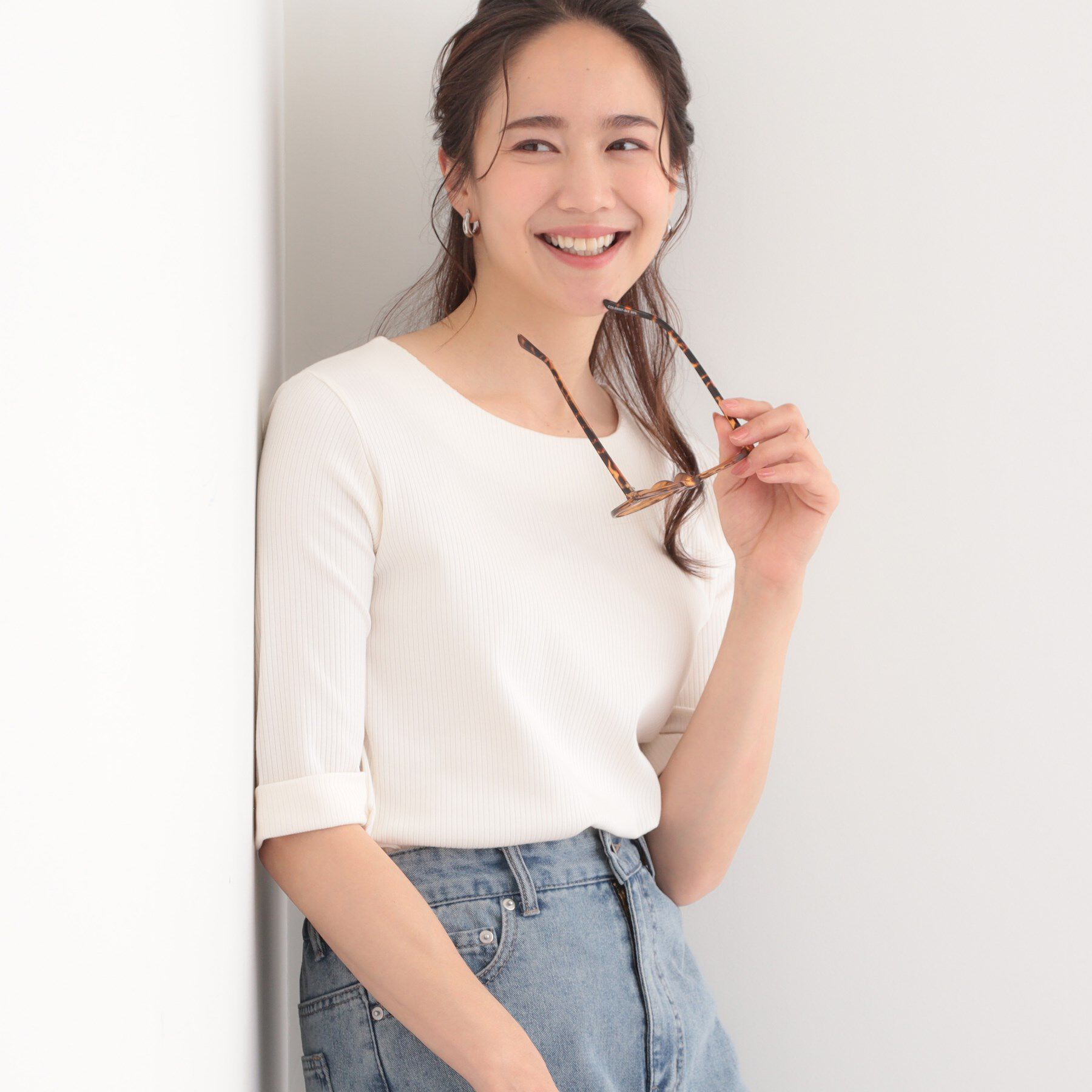 SHOO･LA･RUE「【S-LL】1枚でもインナーでも テレコ5分袖トップス」|Tシャツ・カットソー|オフホワイト(003