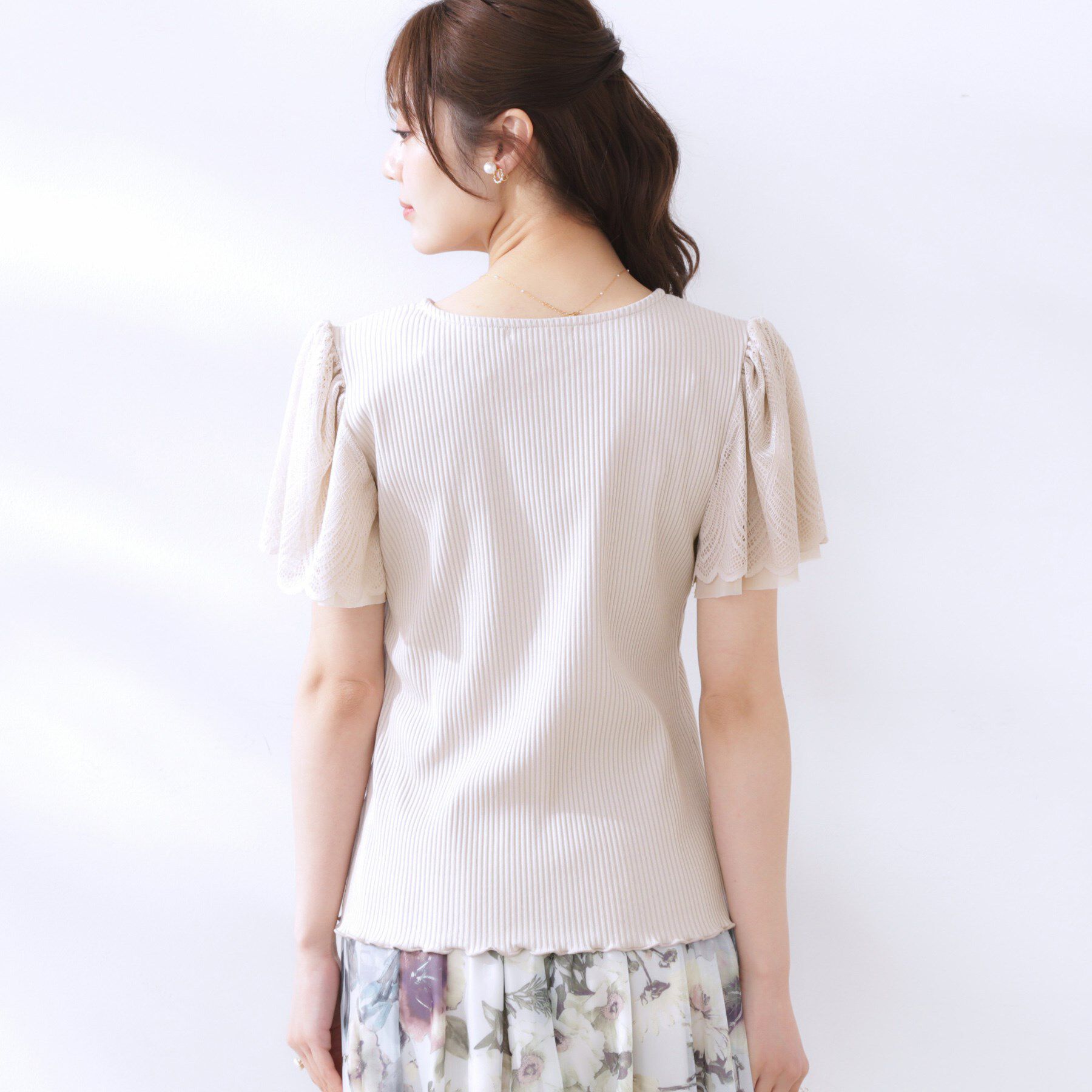Couture broach「【二の腕カバー・通勤】レース袖テレコトップス」|Tシャツ・カットソー|