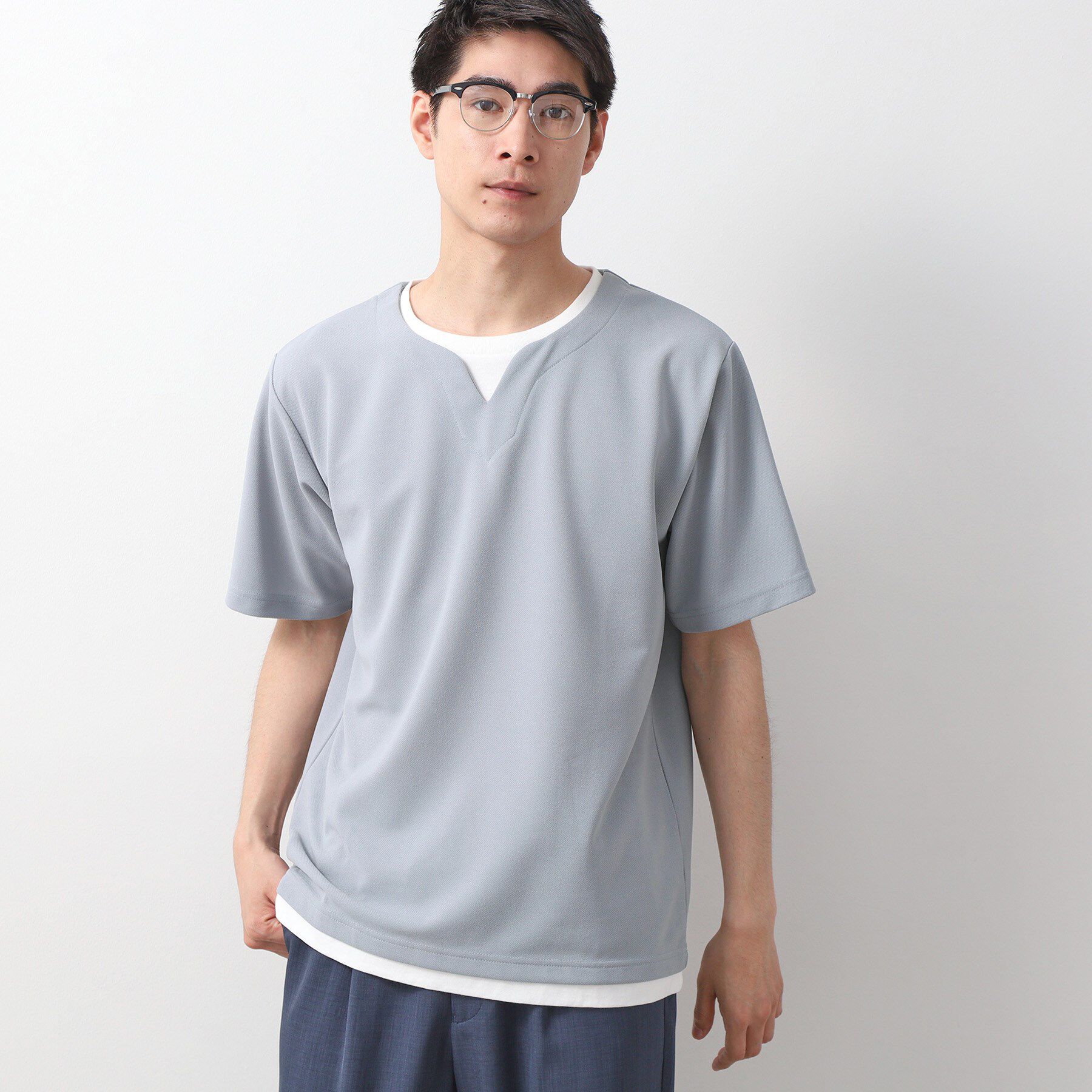 THE SHOP TK「ツイルキーネック 半袖Tシャツ 接触冷感/洗濯機OK」|Tシャツ・カットソー|ライトグレー(011