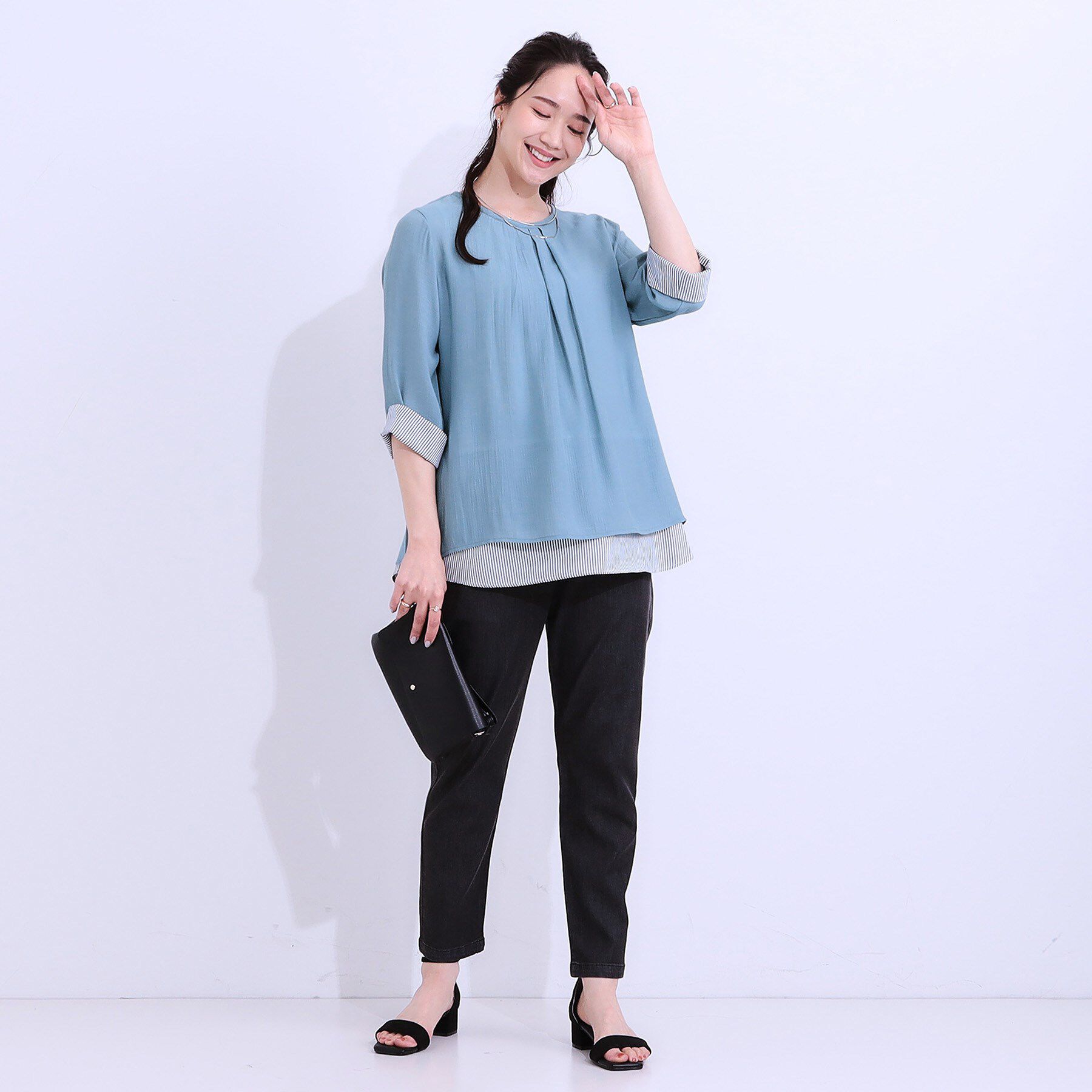 SHOO･LA･RUE「【洗える/S-LL】一枚でサマ見え お袖折り返し 裾レイヤードトップス」|Tシャツ・カットソー|