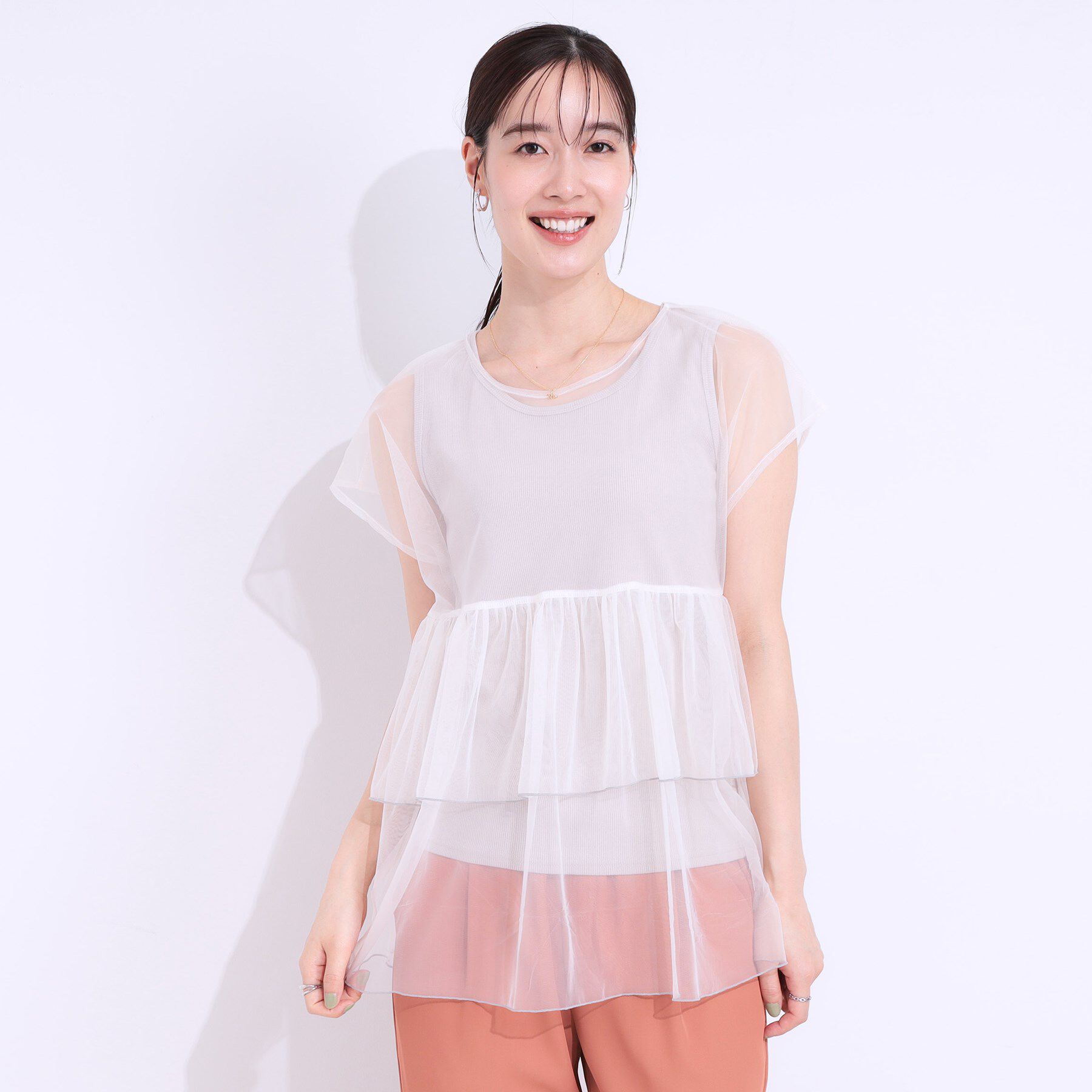 SHOO･LA･RUE「【S-LL/2点セット】程よい甘さをプラス Tシャツ＋チュールトップス」|Tシャツ・カットソー|