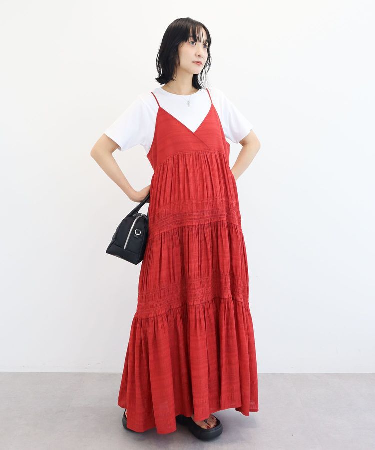 Green Parks「シャーリングティアードキャミワンピース」|ワンピース|Red