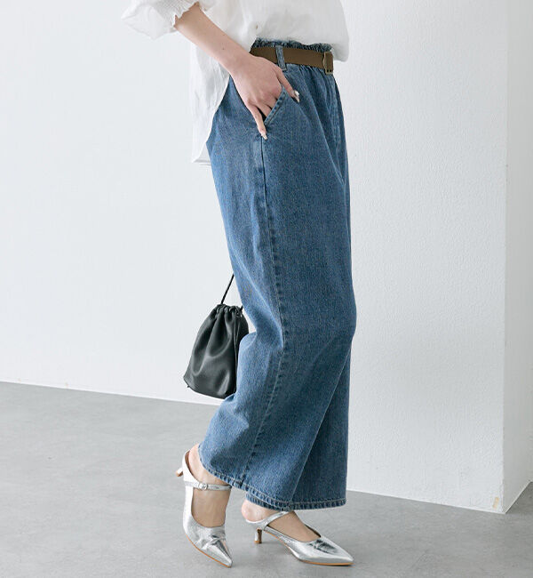  「ベルト付き綿麻デニムパンツ」|デニム|
