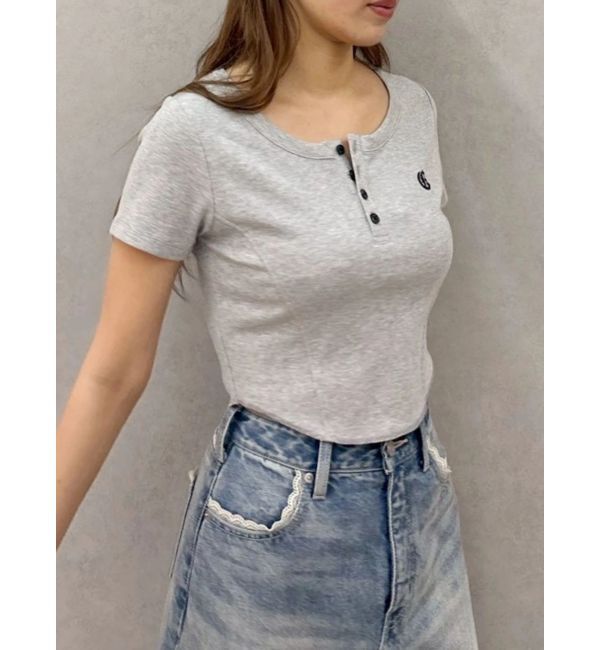 EVRIS「ハーフスリーブワンポイントヘンリーネックトップス」|Tシャツ・カットソー|