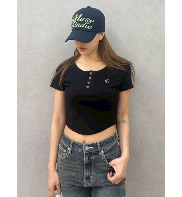 EVRIS「ハーフスリーブワンポイントヘンリーネックトップス」|Tシャツ・カットソー|