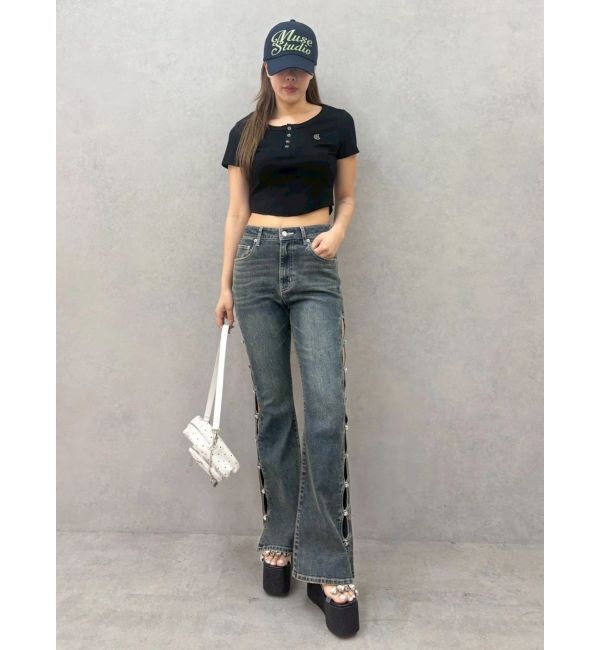 EVRIS「ハーフスリーブワンポイントヘンリーネックトップス」|Tシャツ・カットソー|