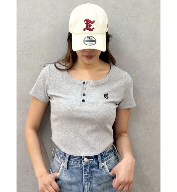 EVRIS「ハーフスリーブワンポイントヘンリーネックトップス」|Tシャツ・カットソー|グレー