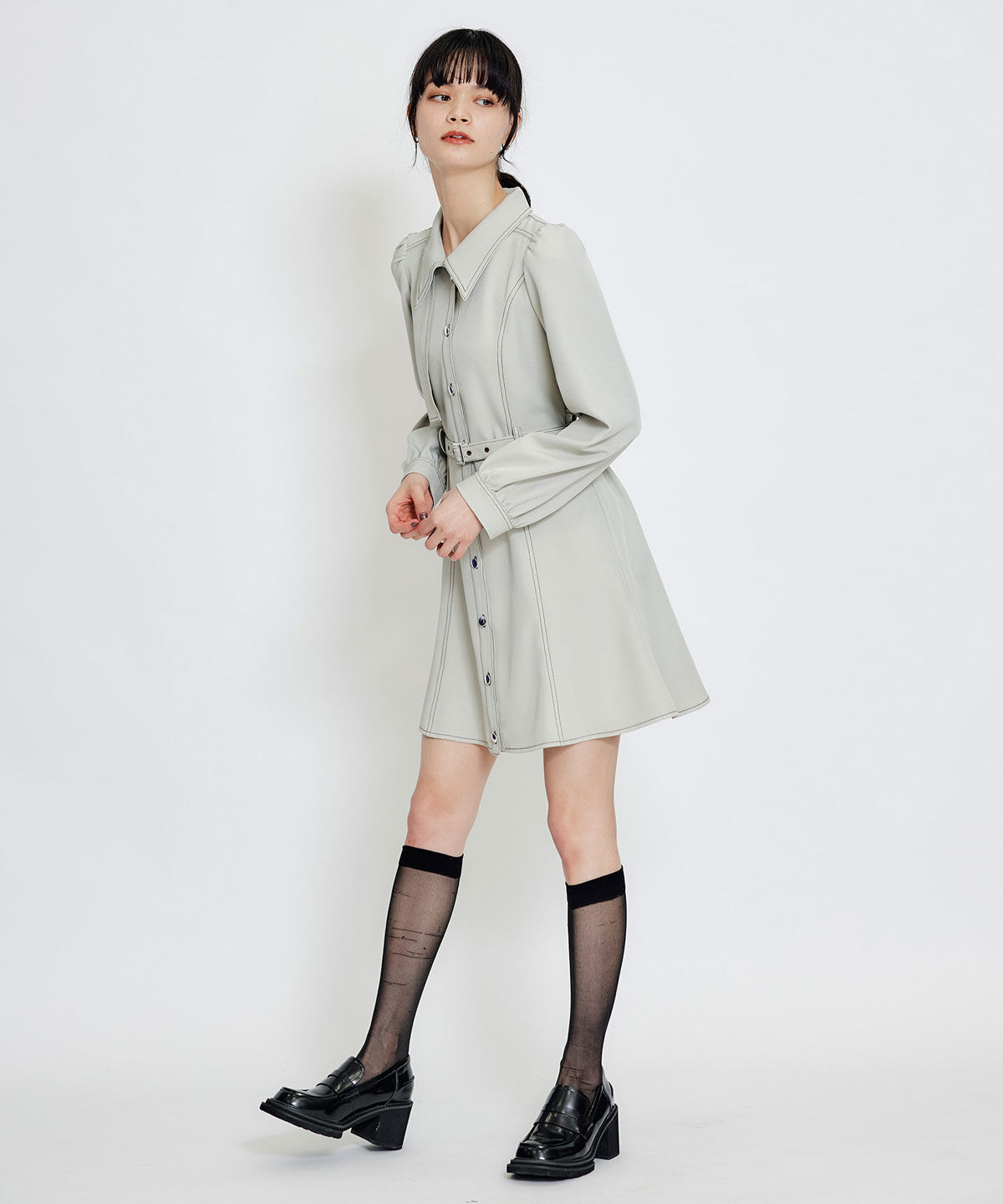 REDYAZEL「バイカラーステッチフレアミニシャツワンピース」|ワンピース|