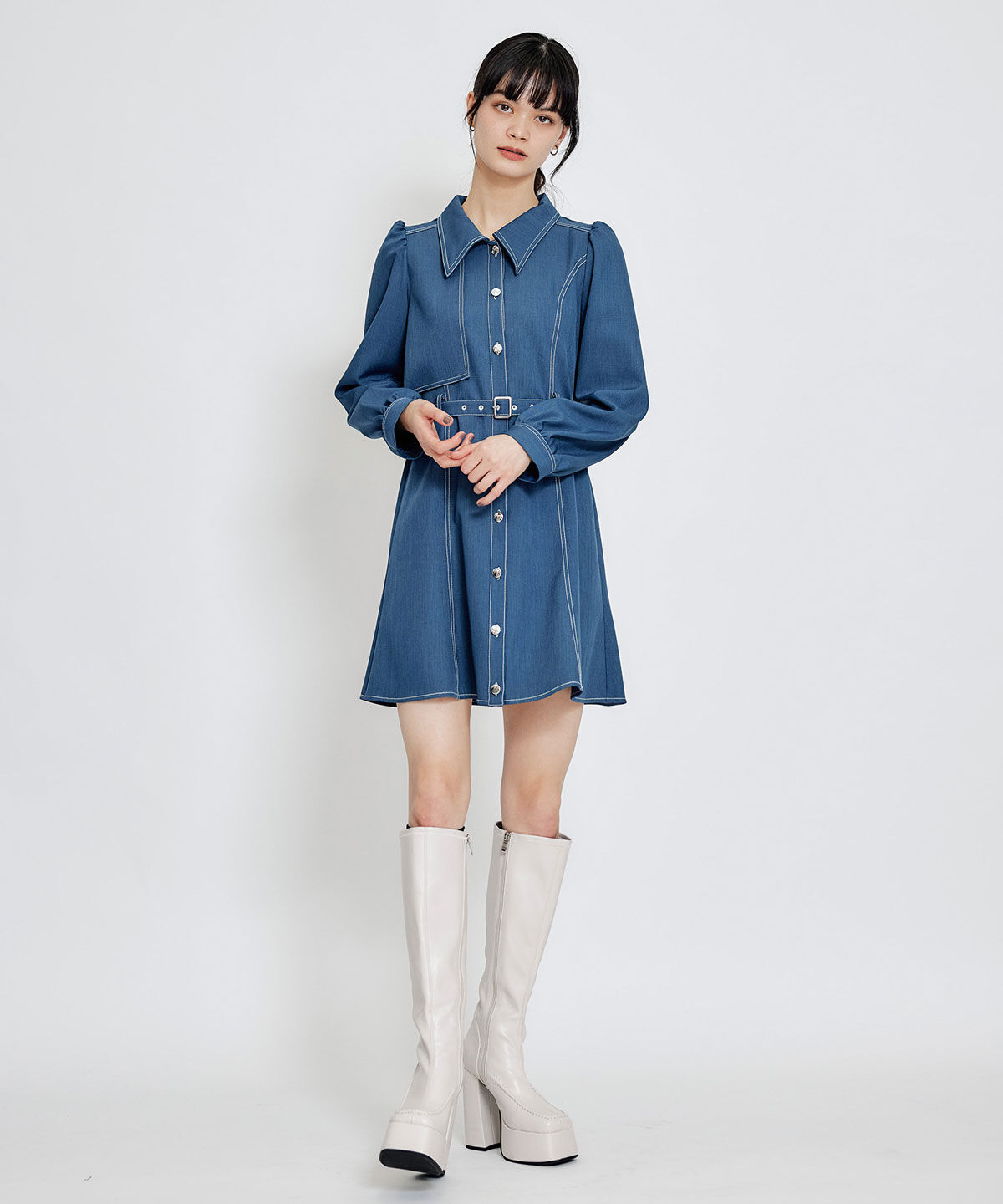 REDYAZEL「バイカラーステッチフレアミニシャツワンピース」|ワンピース|