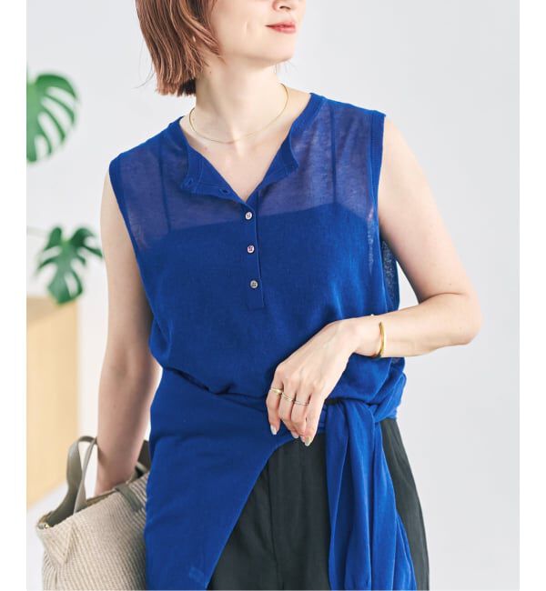 Spick and Span「コットンリネンヘンリーネックニット」|ニット・セーター|ブルー