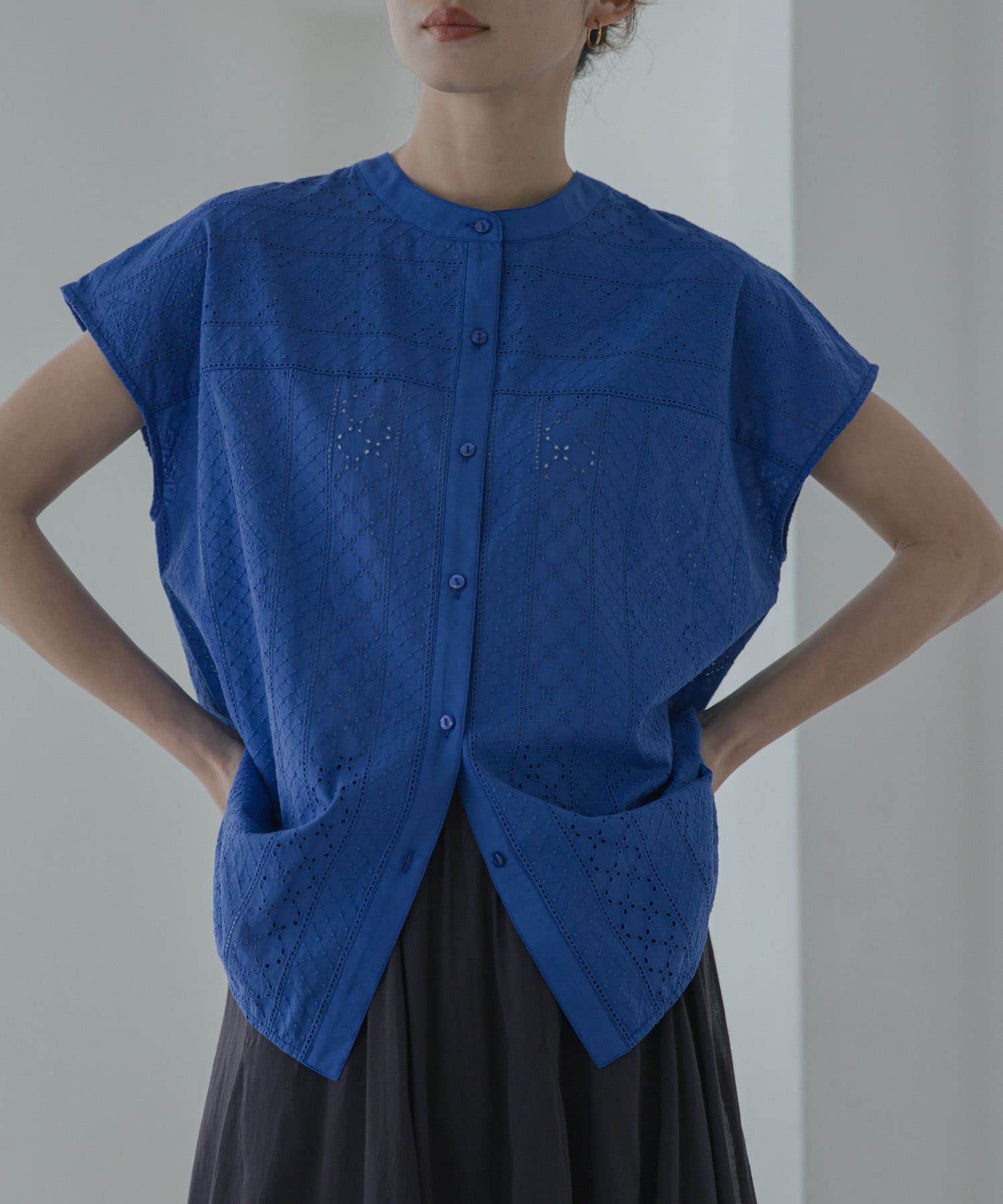 Sonny Label 「『WEB限定』バンドカラーコットンレースシャツ」|シャツ・ブラウス|ブルー