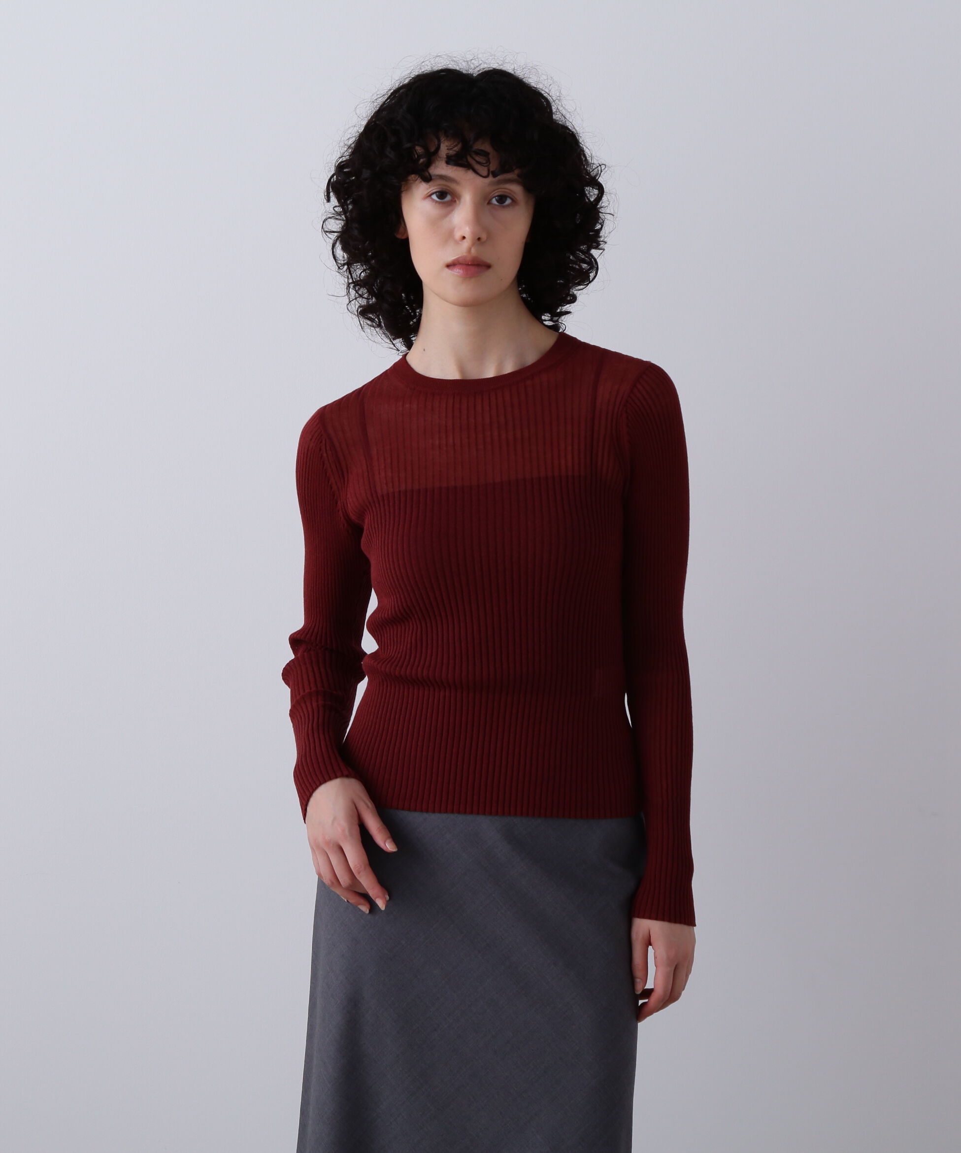 YLEVE 「YLEVE / SHEER RIB KNIT LONG SLEEVE PULLOVER」|ニット・セーター|レッド