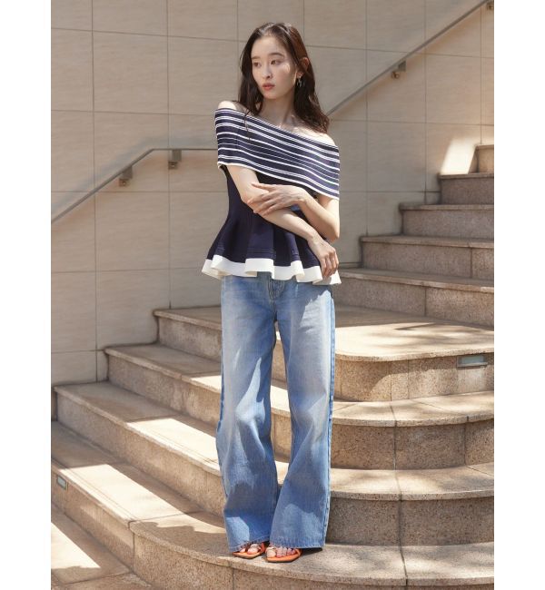 LAGUNAMOON「ボーダーペプラムオフショルニットプルオーバー」|ニット・セーター|