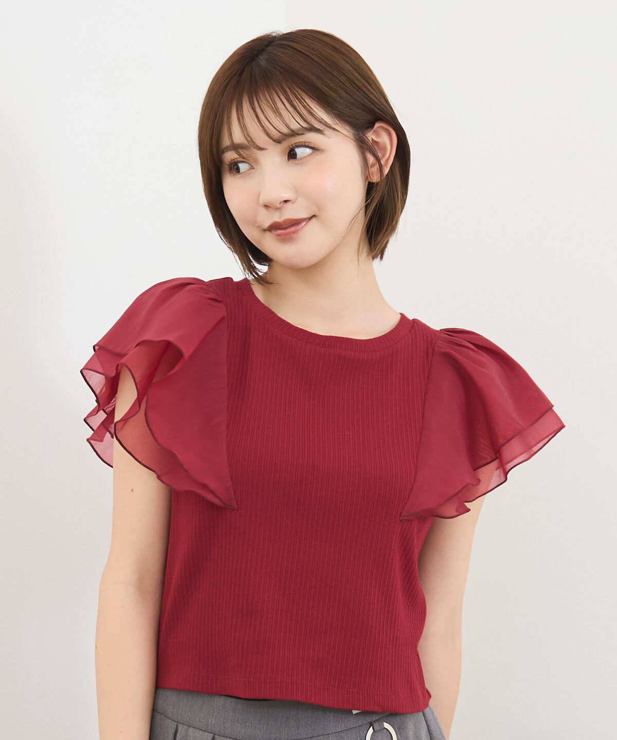 REDYAZEL「シアーフレアスリーブリブカットソー」|Tシャツ・カットソー|ボルドー