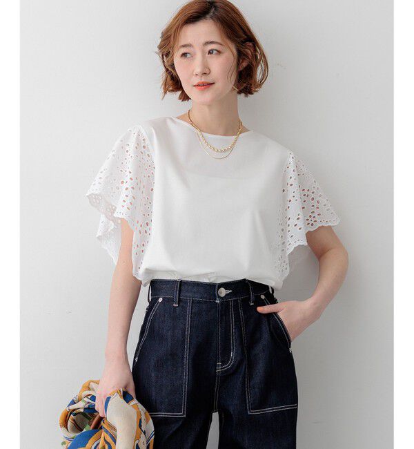 23区「カットワークエンブロイダリー デザインスリーブ トップス」|Tシャツ・カットソー|ホワイト系