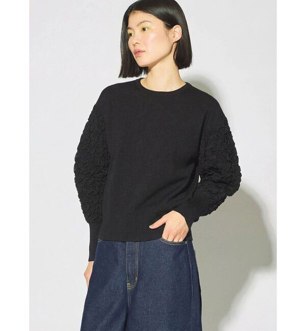 MIDIUMISOLID「MIDIUMISOLID for Ladies パフスリーブジャカードプルオーバー」|ニット・セーター|ブラック