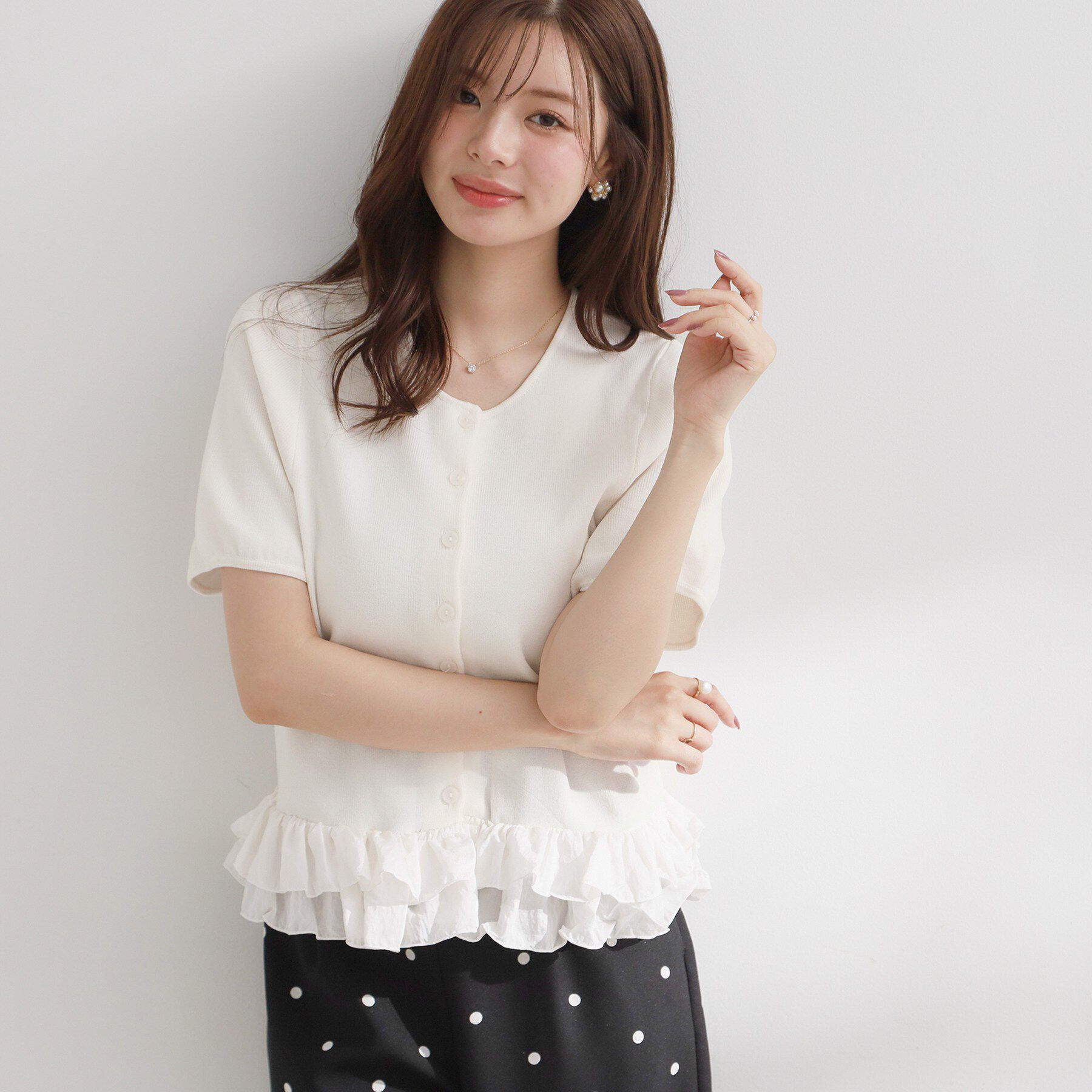 Couture broach「裾フリル付き半袖カーディガン」|カーディガン|