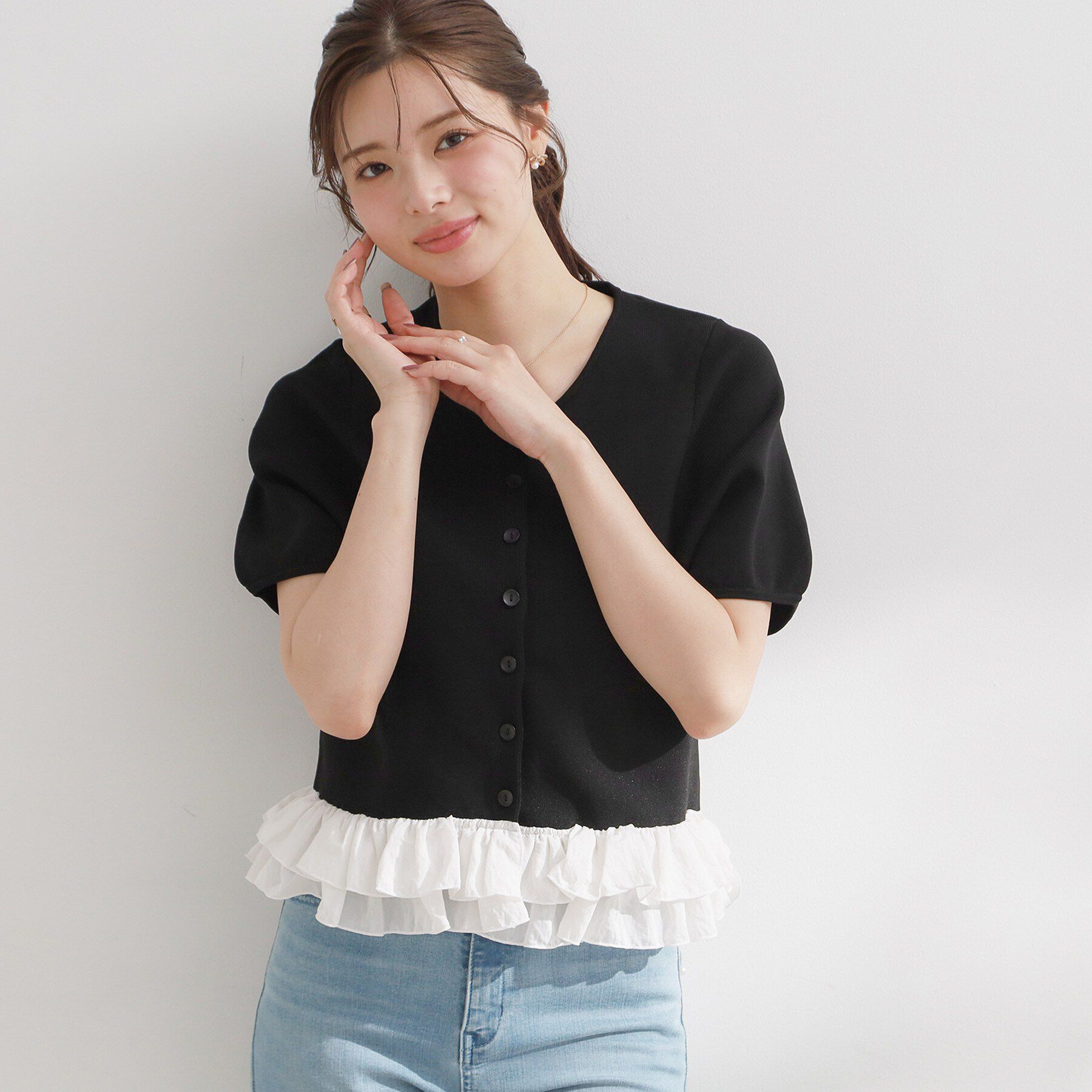 Couture broach「裾フリル付き半袖カーディガン」|カーディガン|