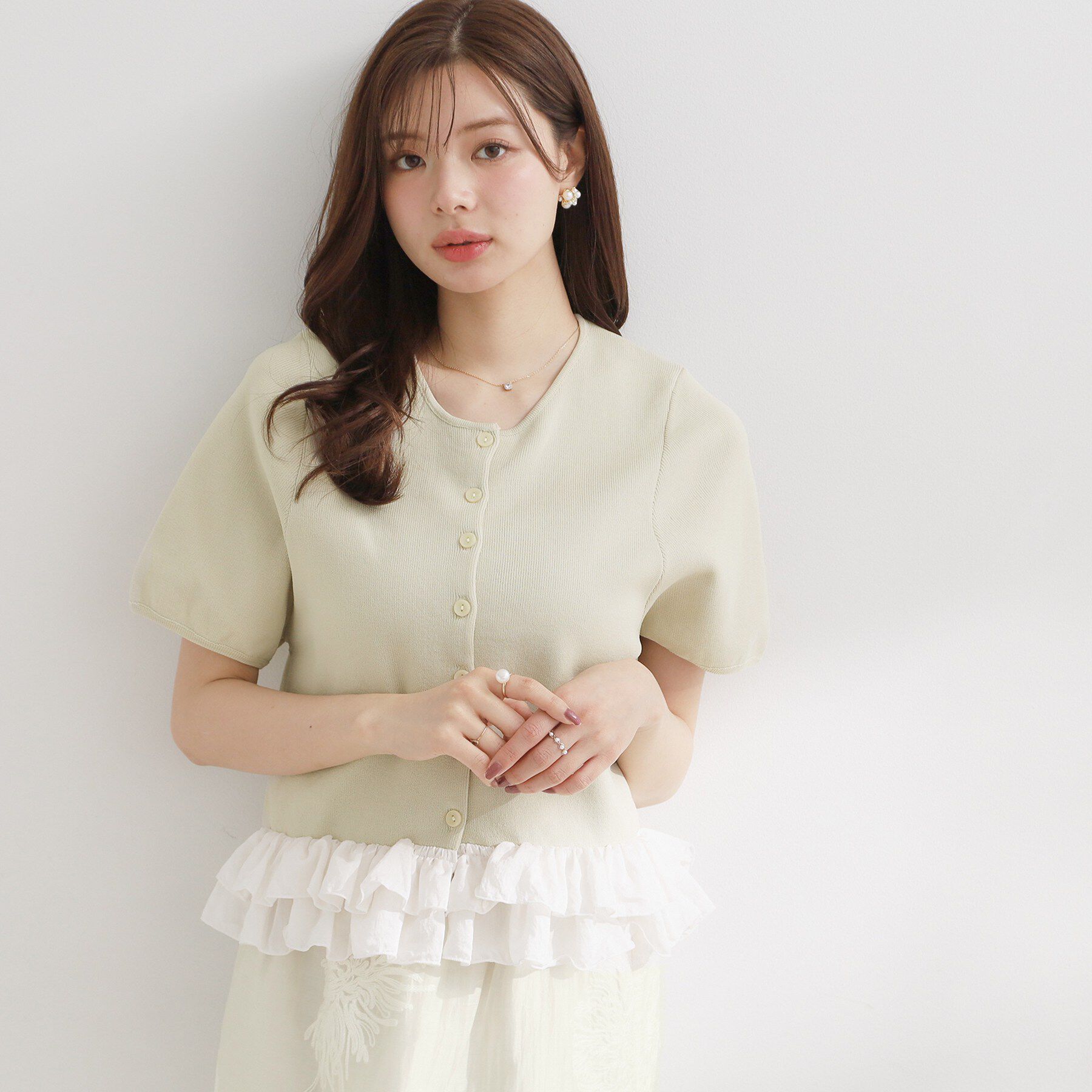 Couture broach「裾フリル付き半袖カーディガン」|カーディガン|ベージュ(052)
