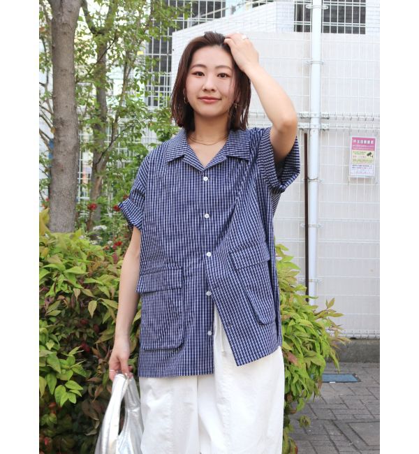 Ungrid「【WEB限定】ハーフスリーブチェックルーズシャツ」|シャツ・ブラウス|ネイビー
