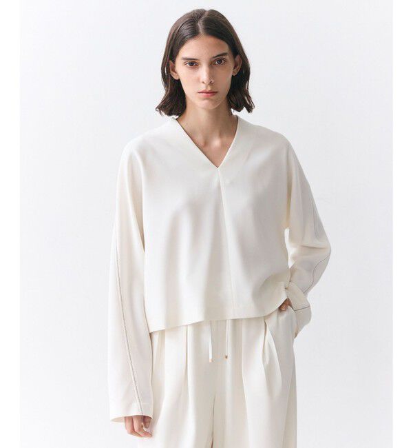 BEIGE,「【人気シリーズ】RUE / ドライタッチVネック配色ステッチブラウス」|シャツ・ブラウス|Ecru