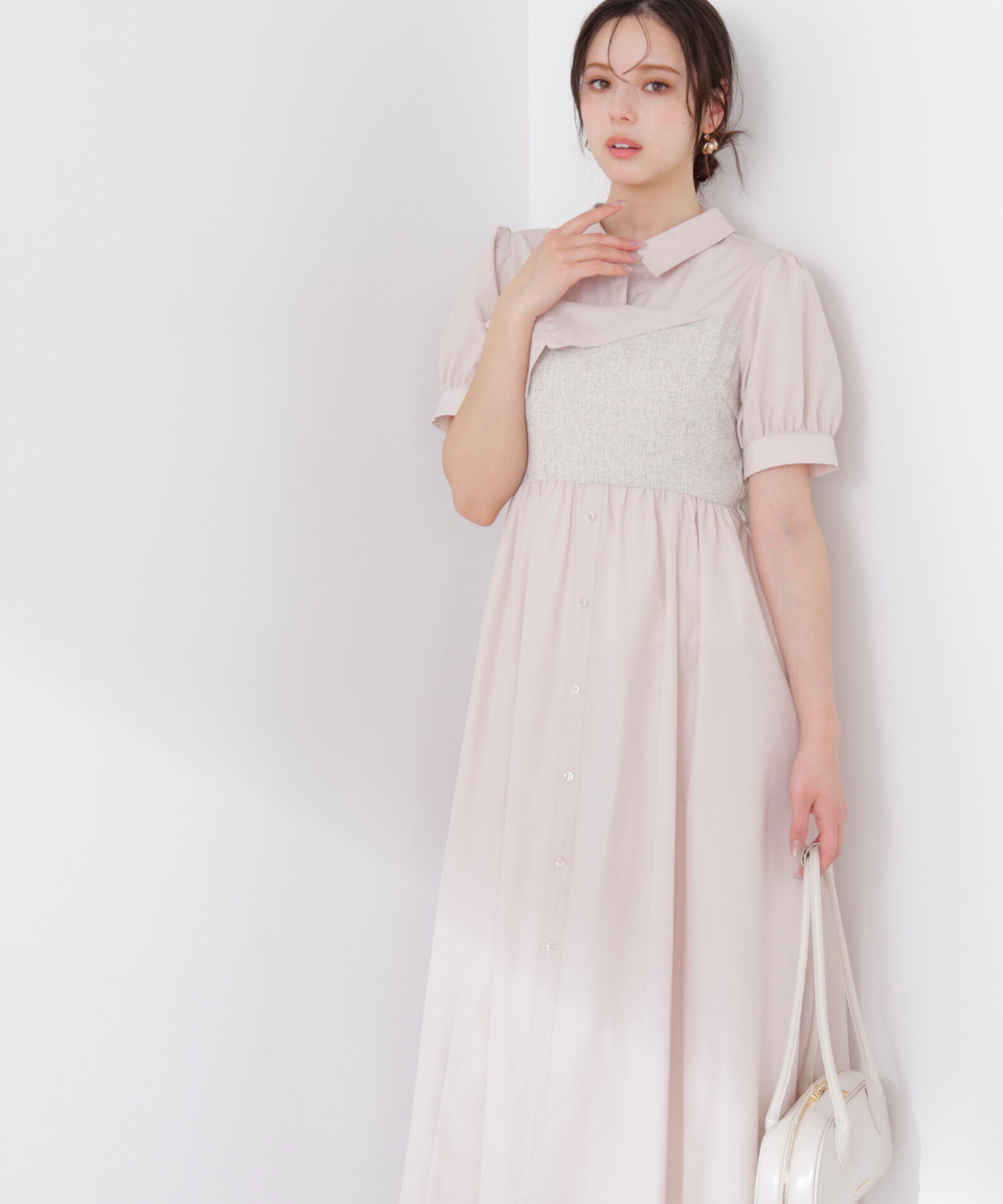 PROPORTION BODY DRESSING「《EDIT COLOGNE》ツイードビスチェ付きシャツワンピース 26SS」|ワンピース|ベージュ&times;アイ
