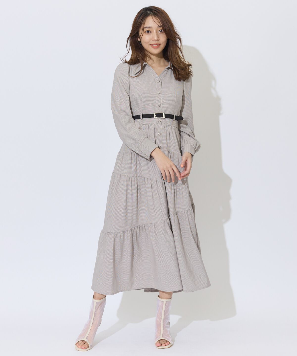 アンドクチュール「ラメ千鳥ティアードシャツワンピース」|ワンピース|ベージュ