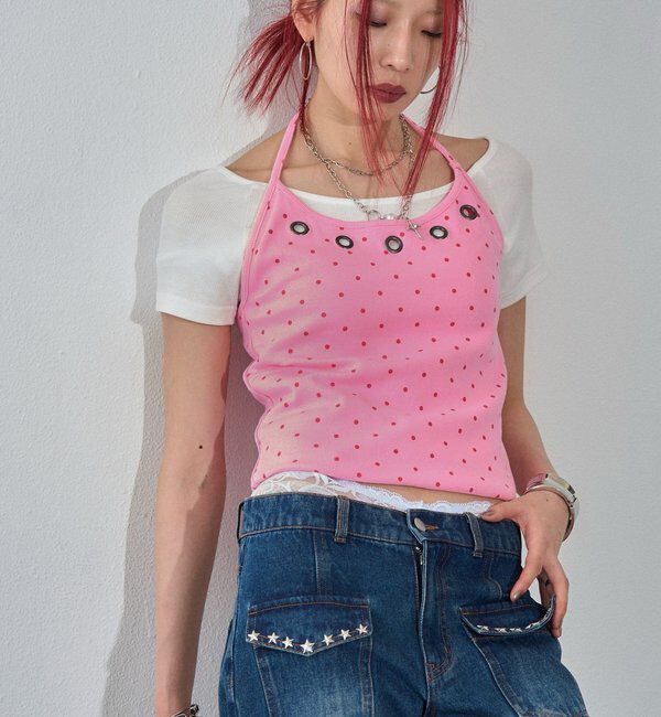  「ハトメホルターレイヤード半袖トップス（ドット/無地）」|Tシャツ・カットソー|ピンク