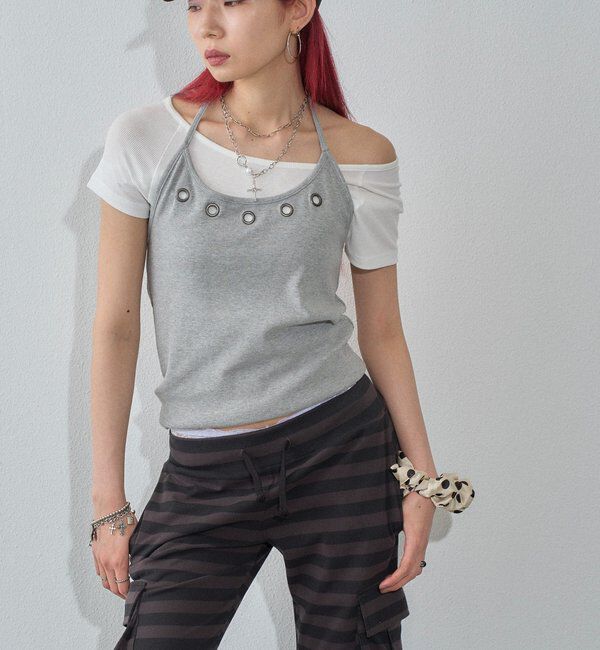 「ハトメホルターレイヤード半袖トップス（ドット/無地）」|Tシャツ・カットソー|