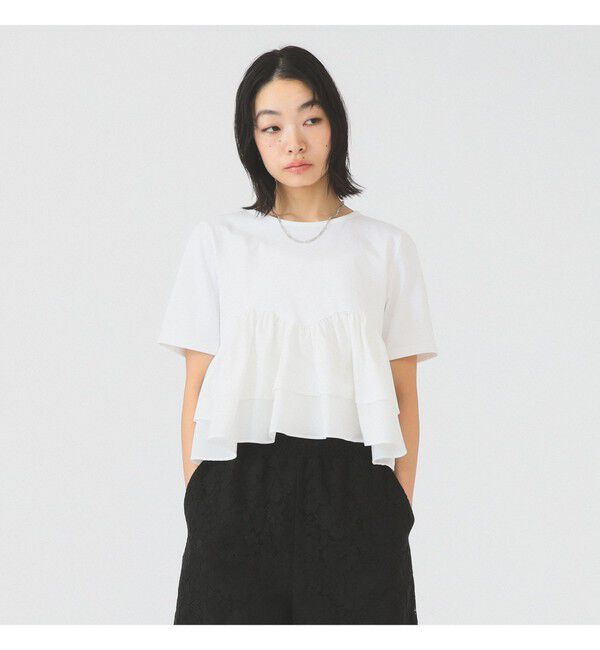 Ray BEAMS 「ティアード キリカエ Tシャツ　　26SS 通勤 通学 フリル 短丈 オンオフ対応 洗える スタイルアップ 」|Tシャツ・カットソー|WHITE