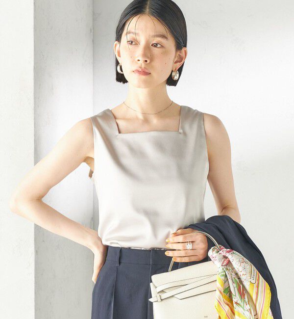 SHIPS for women「《一部予約》〈手洗い可能〉2WAY サテン &times; カットソー スクエア タンクトップ」|タンクトップ|