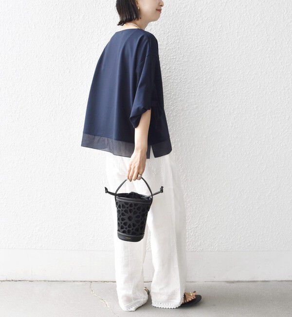 SHIPS for women「《一部追加予約》〈洗濯機可能〉袖 ツイスト デザイン シアー ドッキング TEE」|Tシャツ・カットソー|
