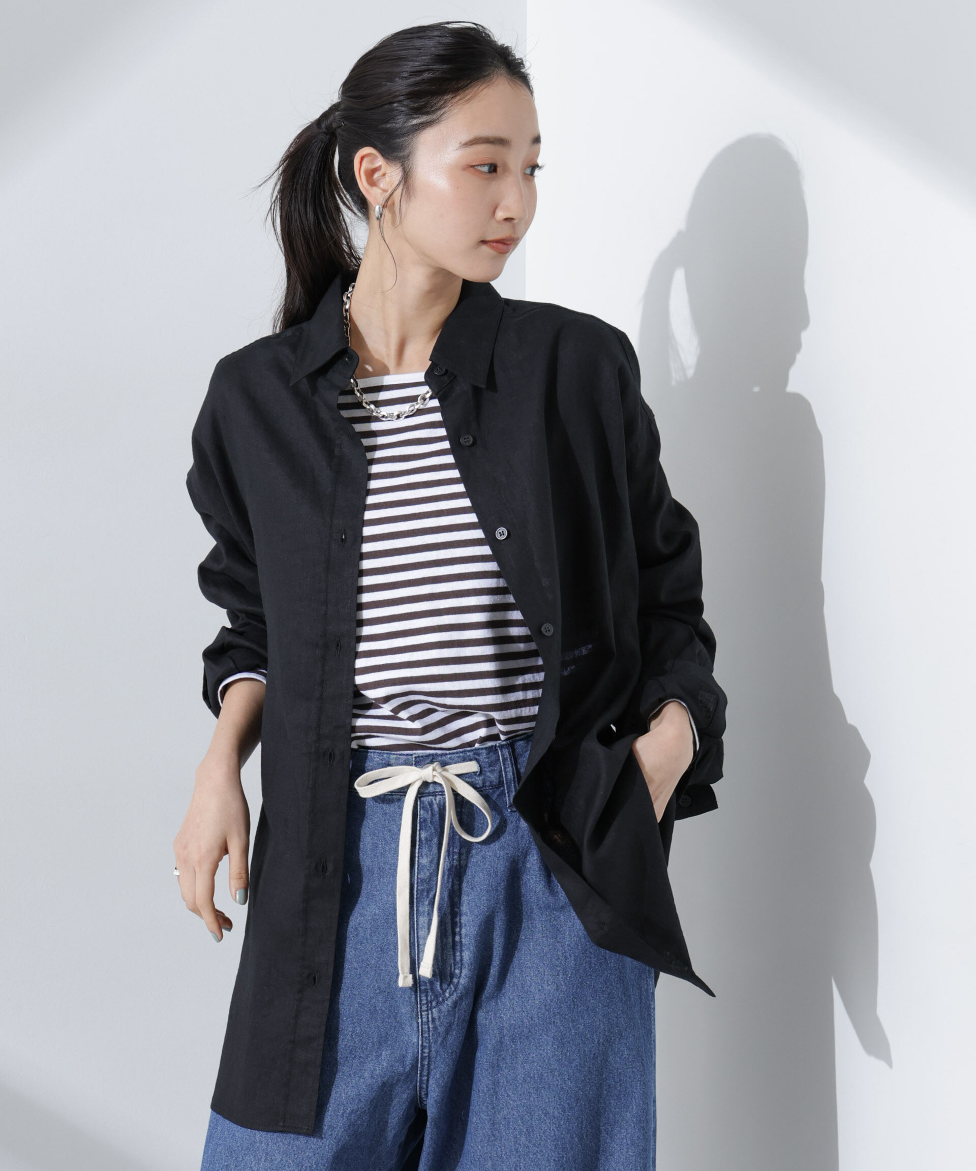 nano･universe「Anti Smell Linen ベーシックワイドシャツ」|シャツ・ブラウス|ブラック