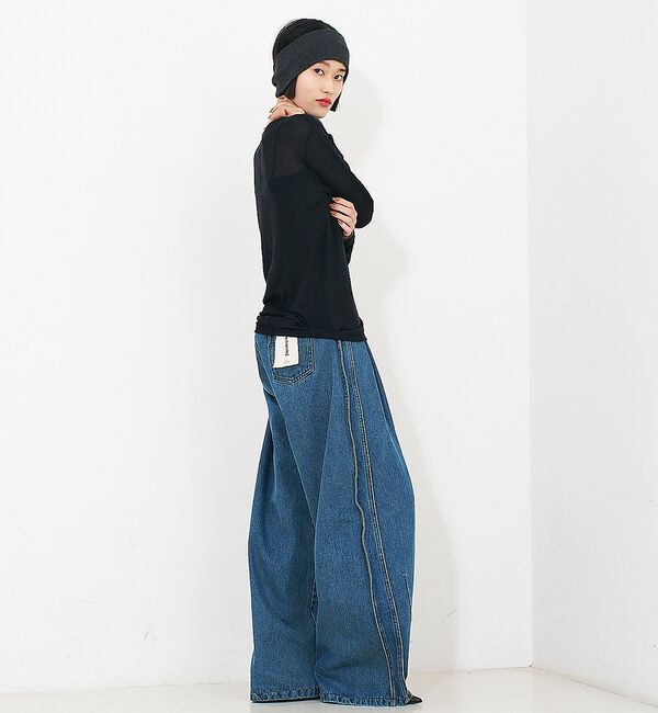 NOMINE「サイドライン タック ワイド ハイウエスト デニムパンツ」|デニム|