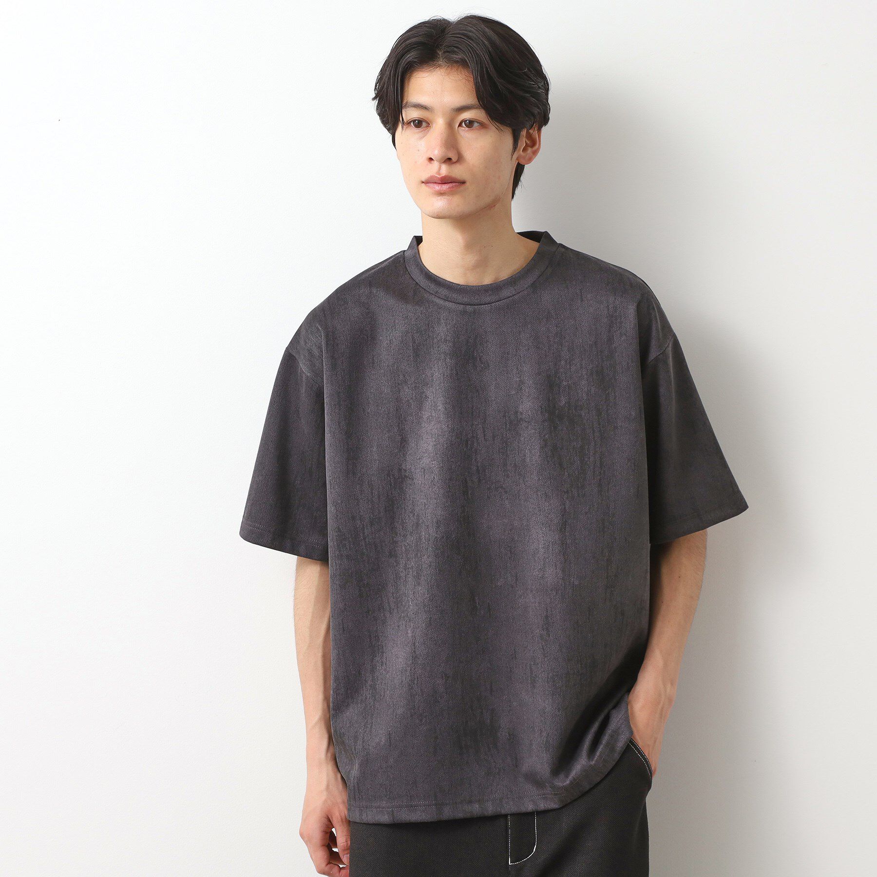 THE SHOP TK「スウェードプリント半袖Tシャツ　【オーバーサイズ/洗濯機OK】」|Tシャツ・カットソー|チャコールグレー(0