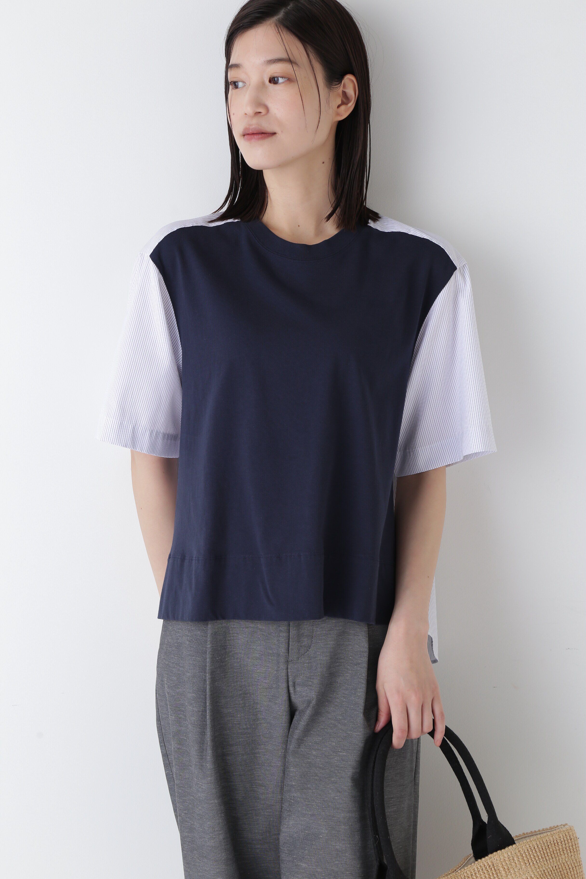  「◆ストライプ布帛コンビＴシャツ」|Tシャツ・カットソー|ネイビー