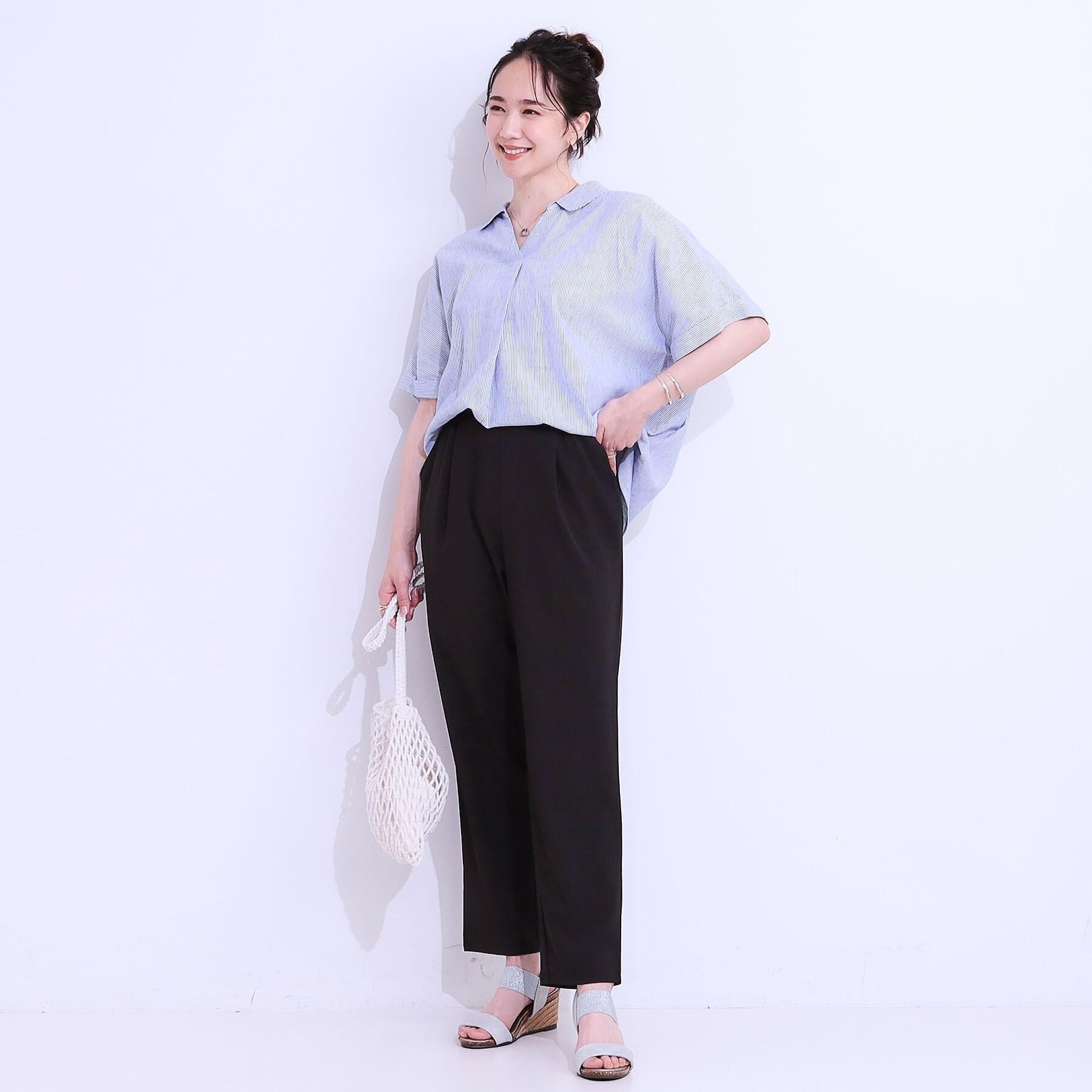 SHOO･LA･RUE「【S-LL/UV/接触冷感/抗菌防臭】体型を自然にカバー フレンチリネンブレンド襟付ドルマンシャツ」|シャツ・ブラウス|